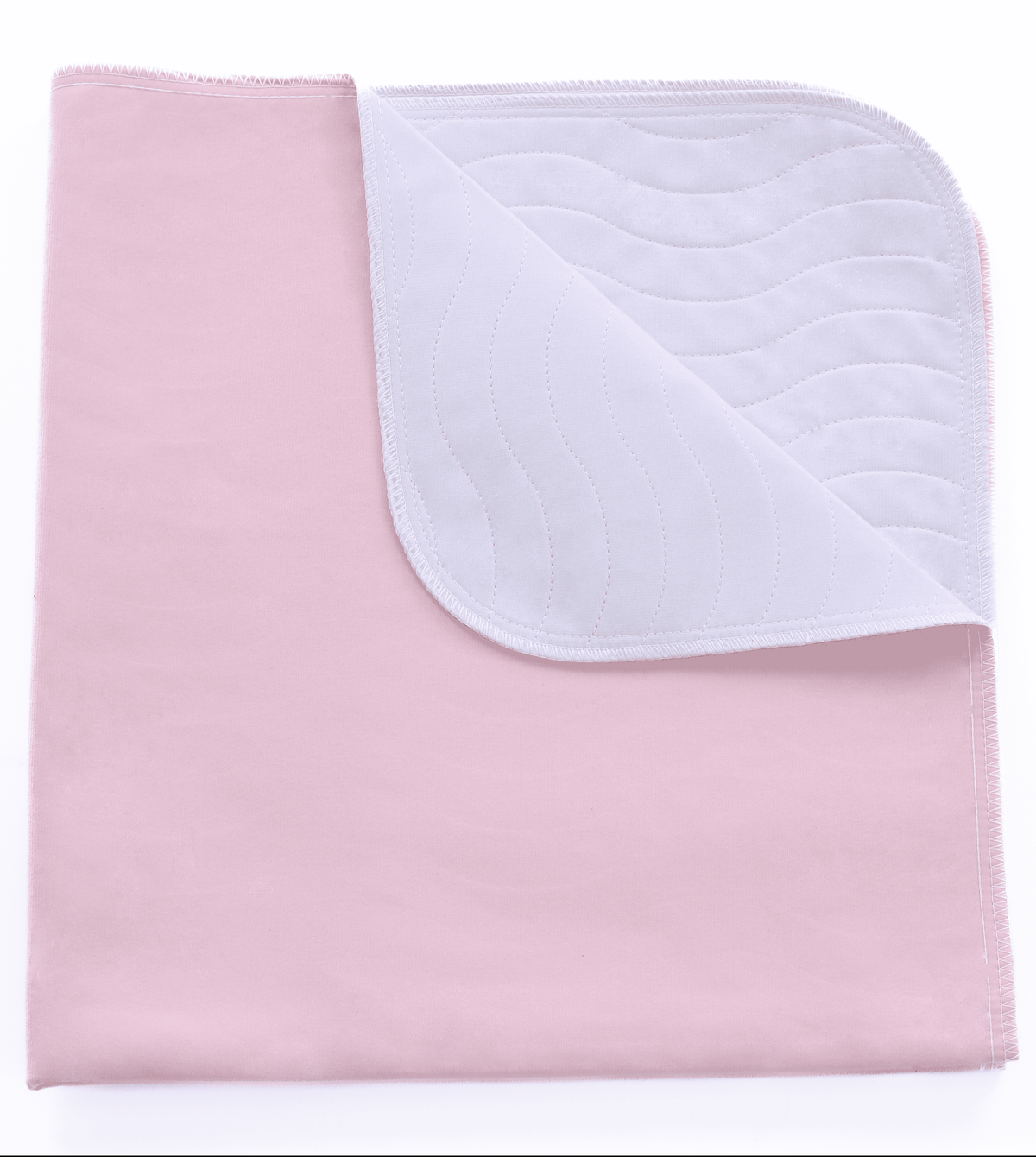 The KSE Quick Dry Underpads 8 oz feature a light pink rectangular design with a white, quilted waterproof layer partially folded to reveal both absorbent sides—ideal for fast, effective moisture protection.