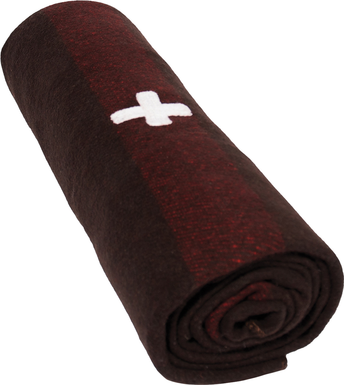 A rolled-up Wool Blankets Swiss Army Wool Blanket With Cross in dark brown and maroon, featuring a white cross on its side.