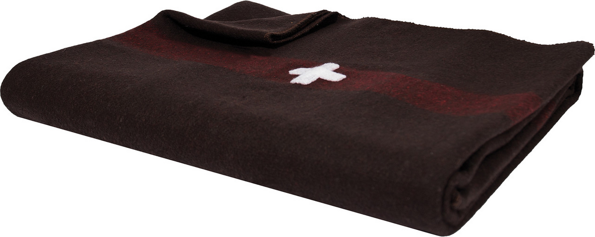 The Wool Blankets Swiss Army Wool Blanket With Cross by Wool Blankets is a folded dark brown wool blanket featuring a horizontal maroon stripe and a white cross design in the center.