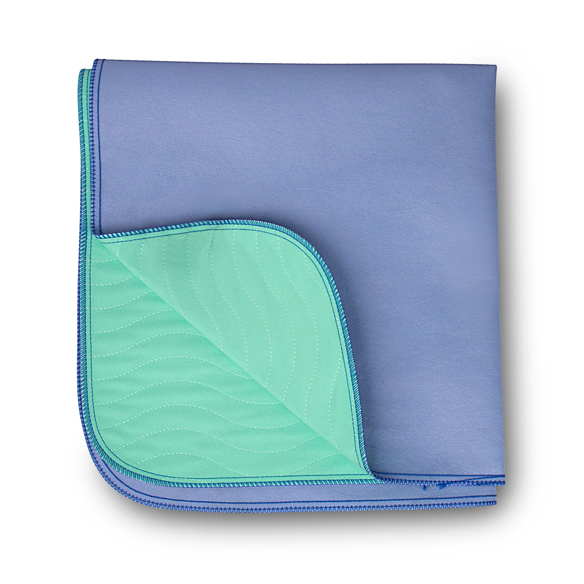 A folded, rectangular KSE SwiftDry™ Underpad features a blue exterior and green, quilted interior with wavy stitching. A flipped corner reveals its moisture-wicking design, offering comfort and protection.