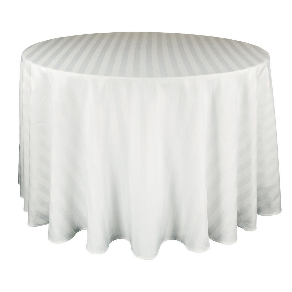 The Premier Tablecloth by 1Concier is made of 100% Mjspun Polyester (7.2 oz/SQ) in white with subtle vertical stripes, drapes elegantly to the floor, and features convenient stain release for easy care.
