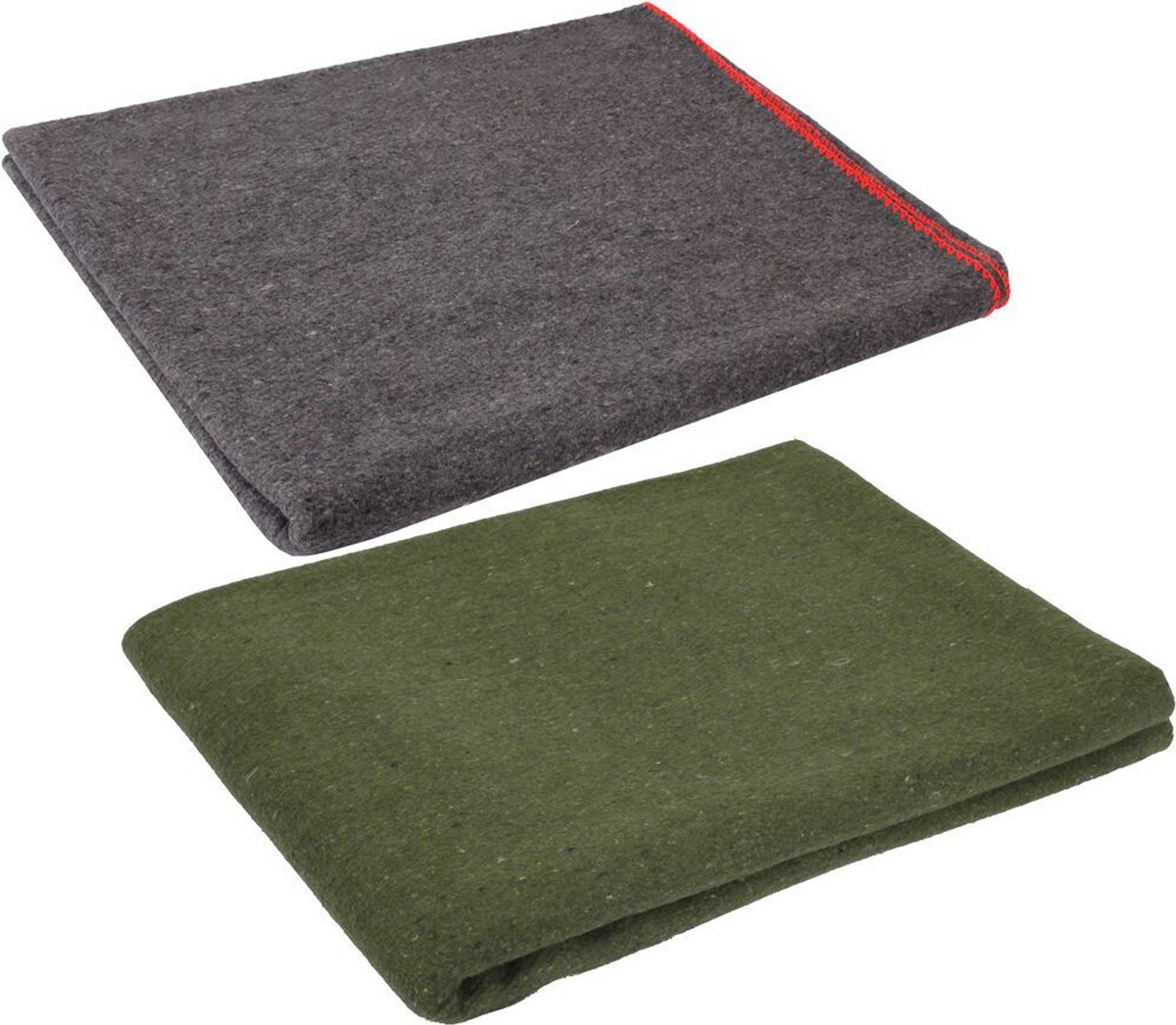 Two folded Wool Blankets - Wool Rescue Survival Blanket by Wool Blankets—a dark gray with red stripe and an olive green—are neatly stacked on white, perfect as cozy winter covers or essential wool emergency blankets for any camping accessory kit.