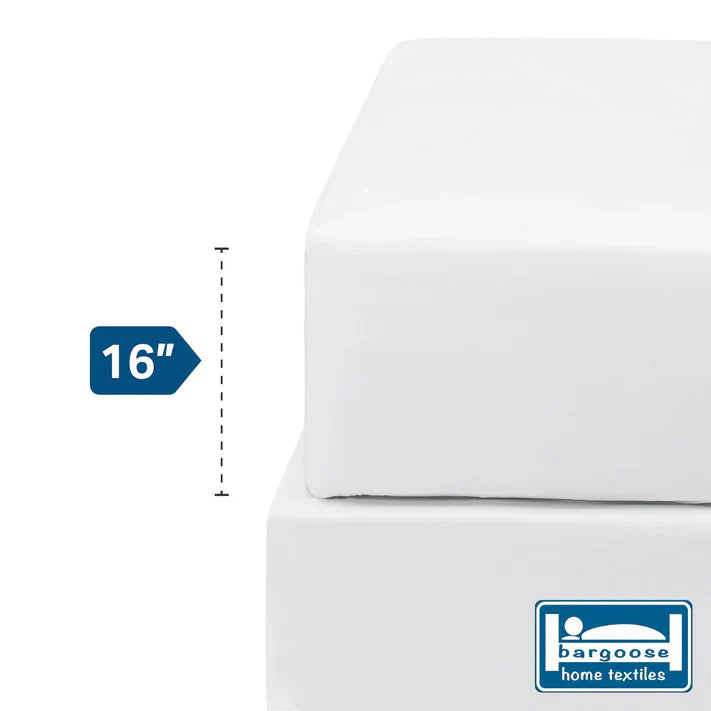 The Bargoose 6 Gauge Vinyl Fitted Cover fits mattresses up to 16 deep, offering protection and featuring the Bargoose logo in the bottom right corner. Ideal for bed bug prevention.