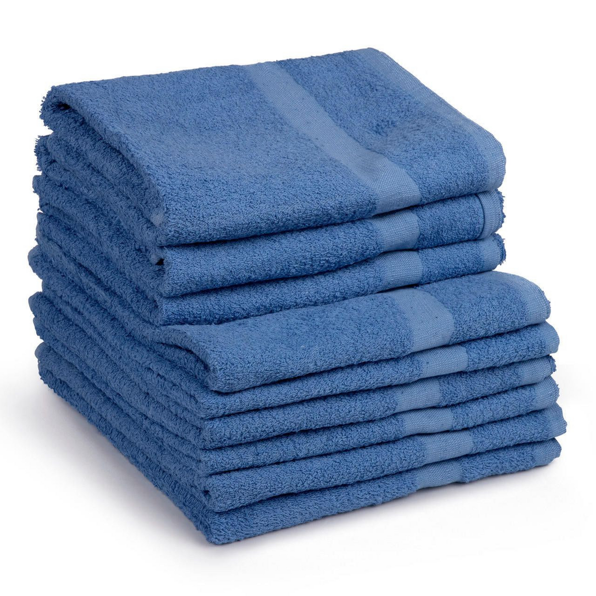 A stack of eight Intralin 16s Economy Bale Packed - Blended Towels & Wash Cloths, featuring a blue horizontal stripe design, is neatly folded on a white background.