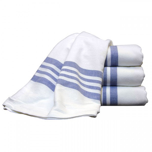 A stack of KSE Bath Blankets—White with Blue Stripe (55% Cotton / 45% Poly)—one draped over the others, perfect for hospital use or bulk wholesale needs.