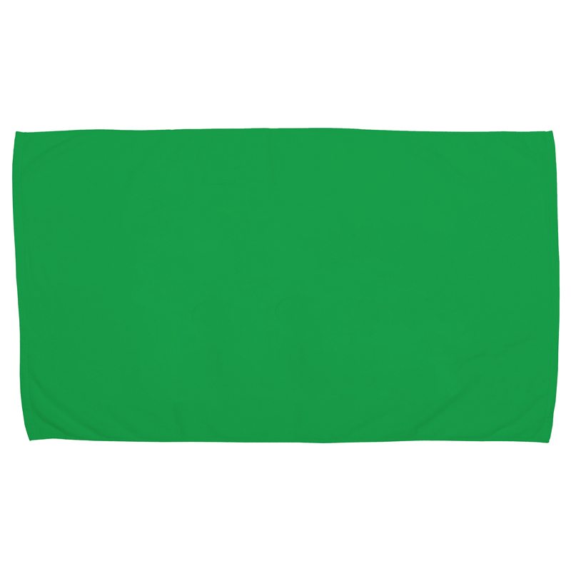 A small rectangular green beach towel by Pro Towels is laid flat against a white background.