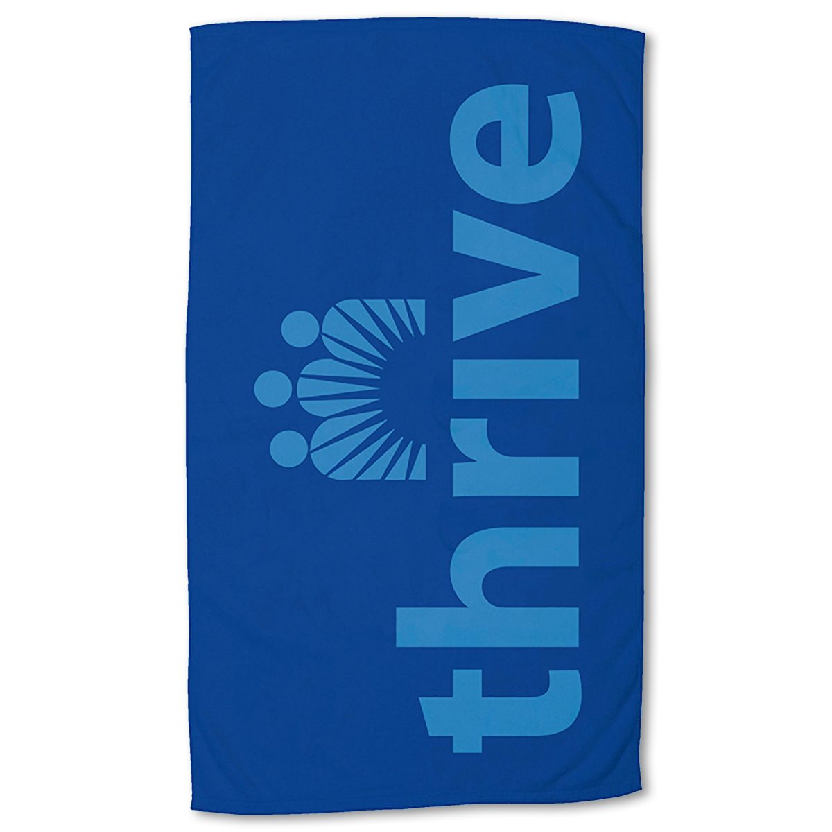The Pro Towels Small Beach Towel is a blue custom towel with thrive in bold, vertical letters and a stylized design of three semicircles plus radiating lines above the text.