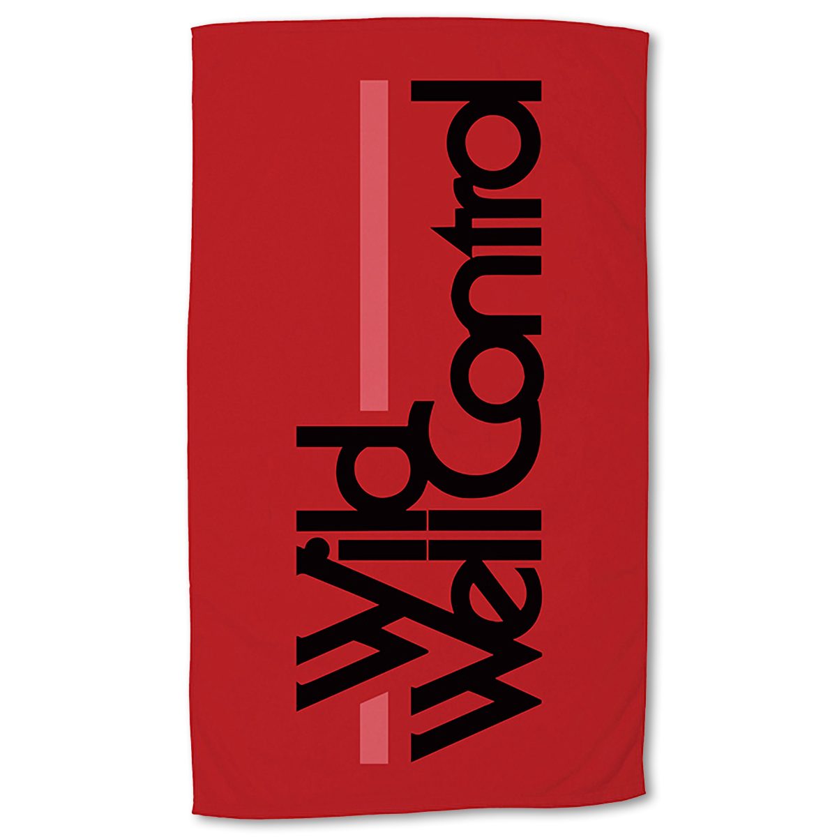 The Pro Towels Small Beach Towel in red features bold black vertical text, Well Control Wild, alongside a thick light pink vertical stripe.