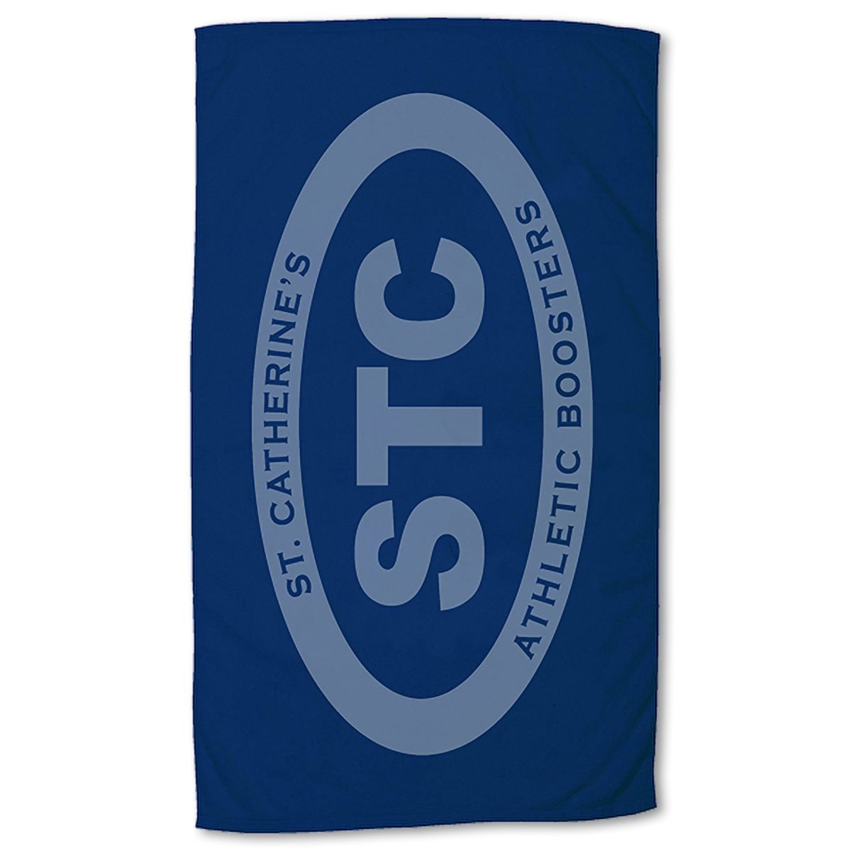The Small Beach Towel by Pro Towels features a large oval with STC in the center and St. Catherines Athletic Boosters circling it in bold, light text—ideal for team spirit or as wholesale towels for events.