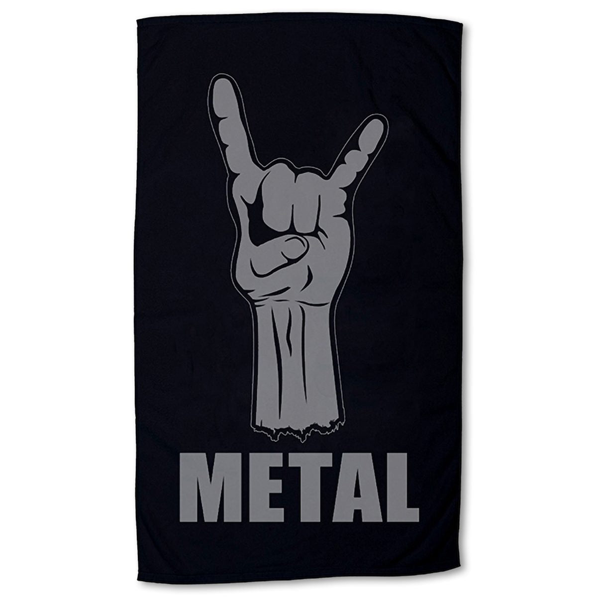Show off your style at the beach with the Pro Towels Small Beach Towel, a black towel featuring a large gray hand making the rock on sign and bold METAL text underneath.