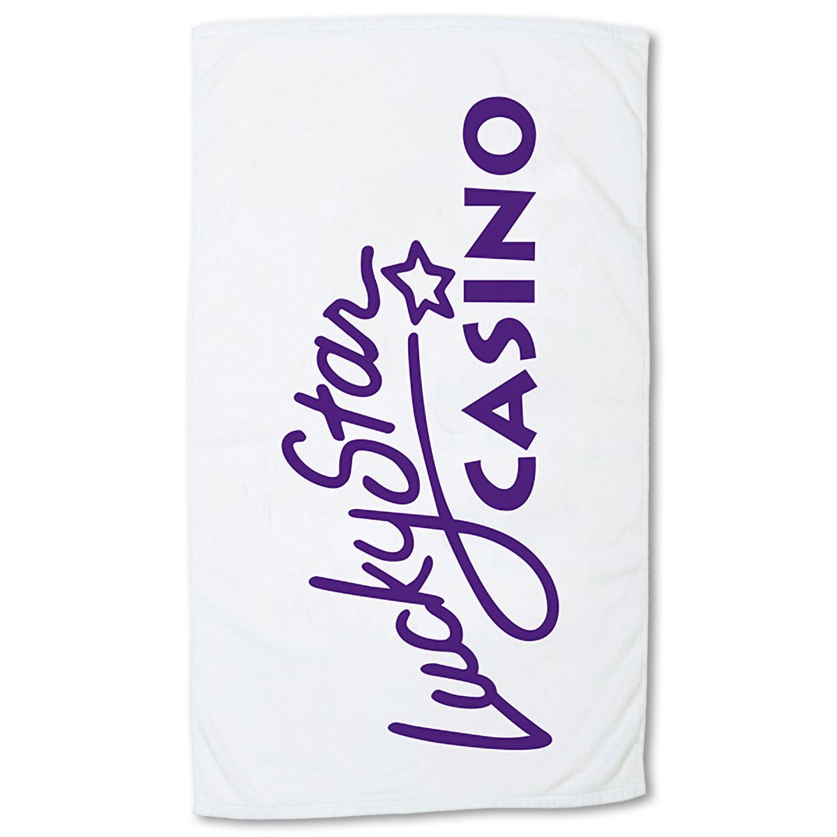 The Pro Towels Small Beach Towel is white with bold purple “Lucky Star CASINO” text and a purple star above—ideal for personal use or ordering wholesale promotional beach towels.