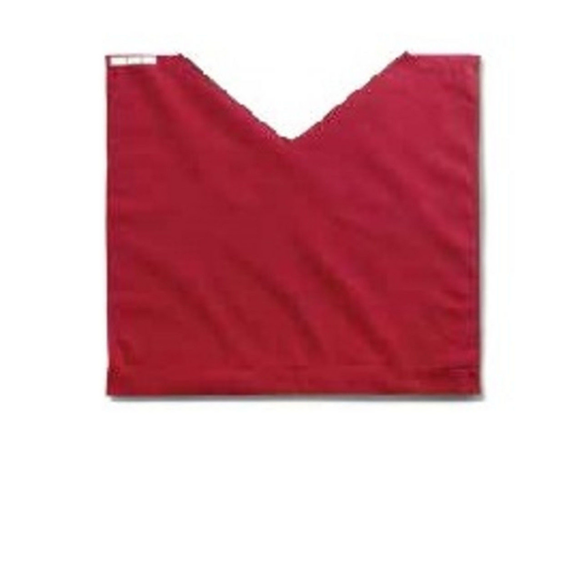 A plain red square KSE Comfort Style Dignity Napkin with a V-shaped notch at the top center is lying flat against a white background.