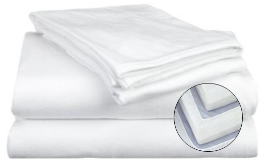 A stack of KSE Knitted Fitted Sheets—Cotton Rich Soft Jersey Hospital Bed Sheets—with a close-up of the fitted corner snugly wrapping a mattress.