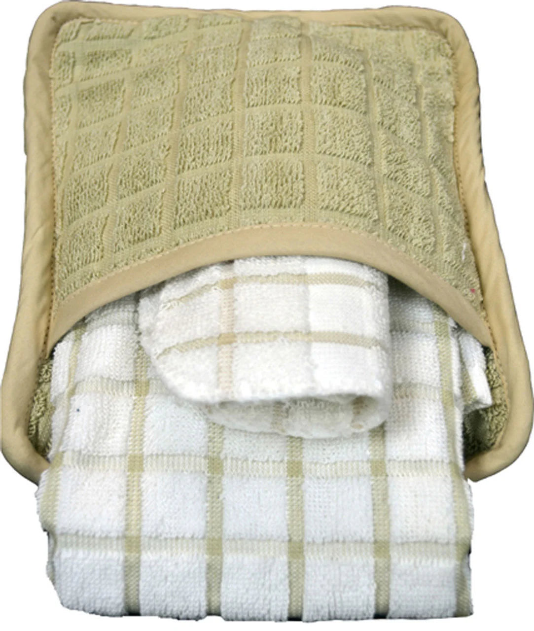 A Ganesh Mills Kitchen Towel—White with Tan Checkered Pattern Oxford Premium—is neatly folded, holding two rolled ringspun cotton dishcloths inside.