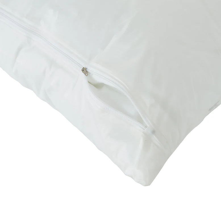 A close-up of a white Bargoose BedBug Solution™ 6 Gauge Vinyl Zippered Pillow Protector (Pack of 2) with a partially open zipper, shown on a white background for added bed bug protection.