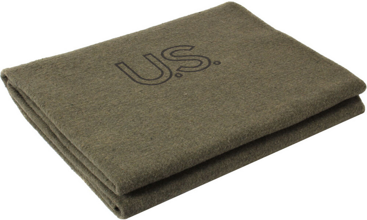 The Wool Blankets U.S.Wool Blanket by Wool Blankets features olive drab wool neatly folded, with "U.S." printed in black on top, evoking classic US Army style.