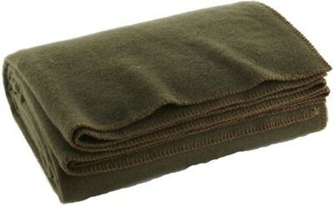 The Wool Blankets - Winter Wool Camping Blanket by Wool Blankets is a thick, olive green wool blanket with stitched edges, neatly folded and displayed on a plain white background.