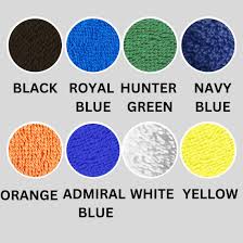 Eight textured circle swatches on light gray display Oxford B2700 Premium Pool Towel colors by Ganesh Mills: black, royal blue, hunter green, navy blue, orange, admiral blue, white, and yellow—ideal for selecting your next bulk purchase.
