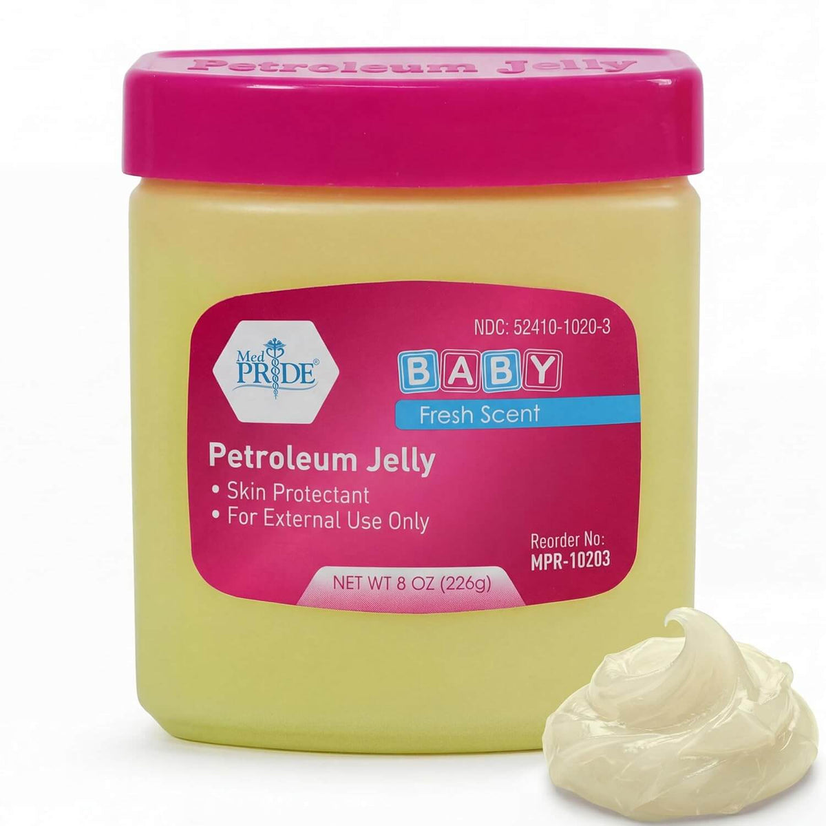 A container of Shield Line Petroleum Jelly with a pink lid and label is shown, with a small amount in front to highlight its use as a skin protectant to moisturize dry skin. The label notes it is for external use only.