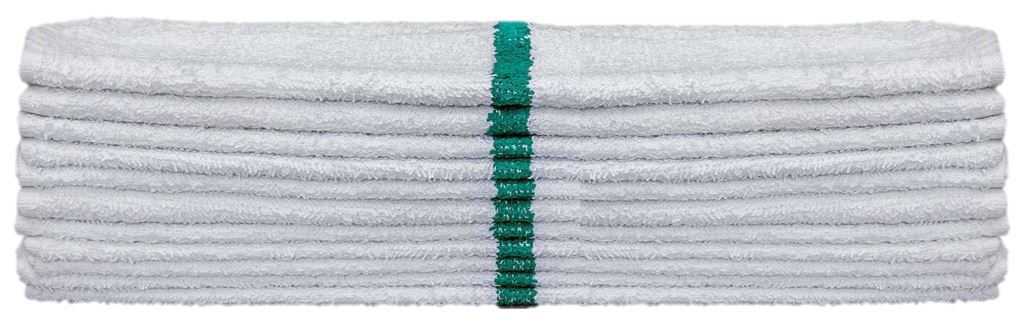 A neat stack of KSE Bar Mops - White w/ Center Stripe features white terry cloth towels, each folded with a single green stripe running vertically down the center.