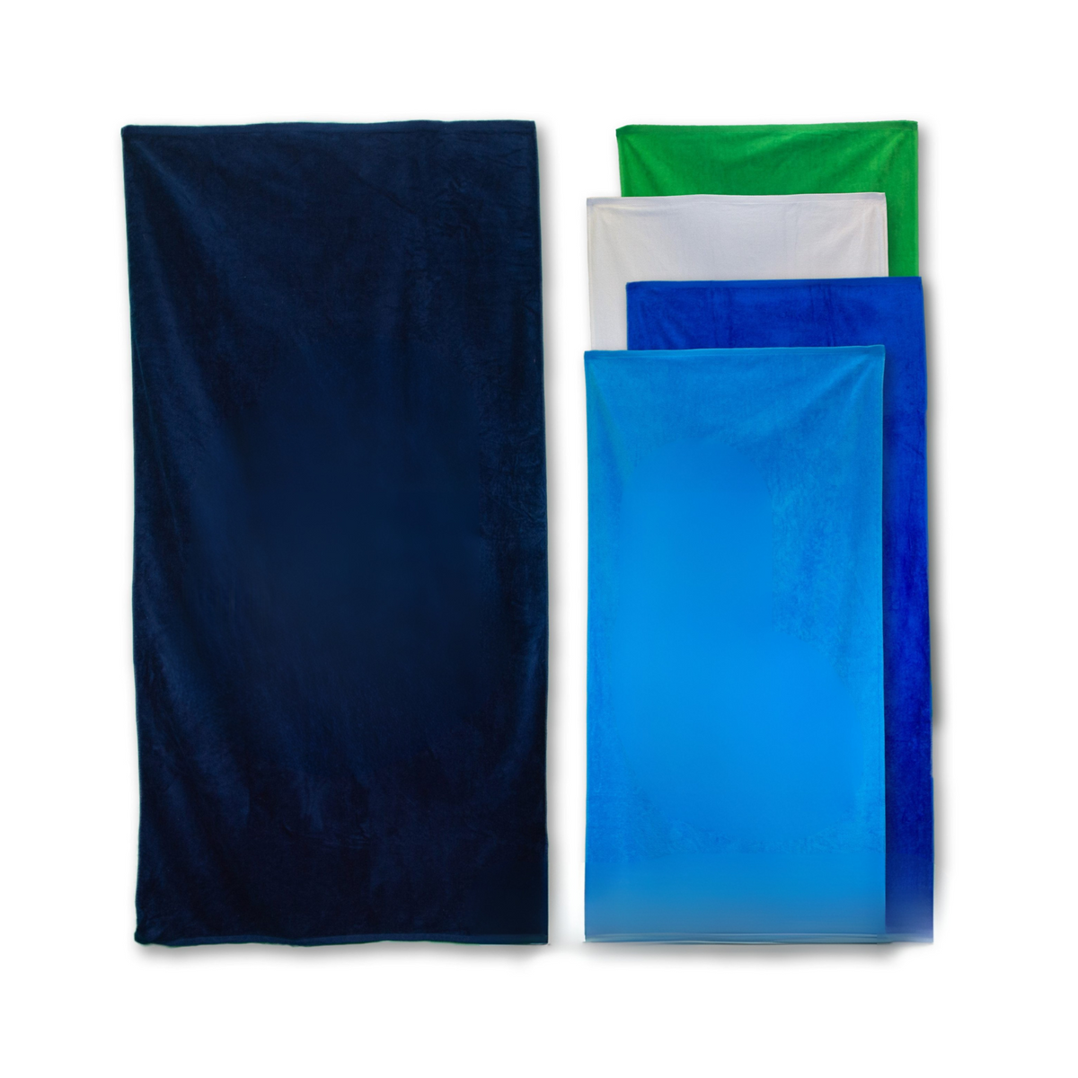 Five rectangular Beach Towels from Pro Towels Platinum Collection in dark blue, green, white, blue, and light blue are displayed flat on a white background—each is heavyweight cotton.