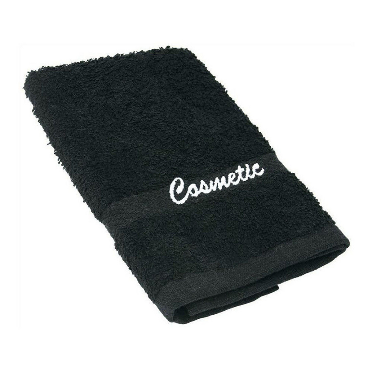 A black Ganesh Mills washcloth with "Cosmetic" embroidered in white is folded and set against a plain white background.
