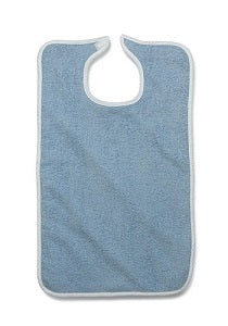 The KSE Premium Adult Terry Bib features a light blue color with white trim and a metal snap closure, laid flat on a white background—ideal as a comfortable clothing protector.