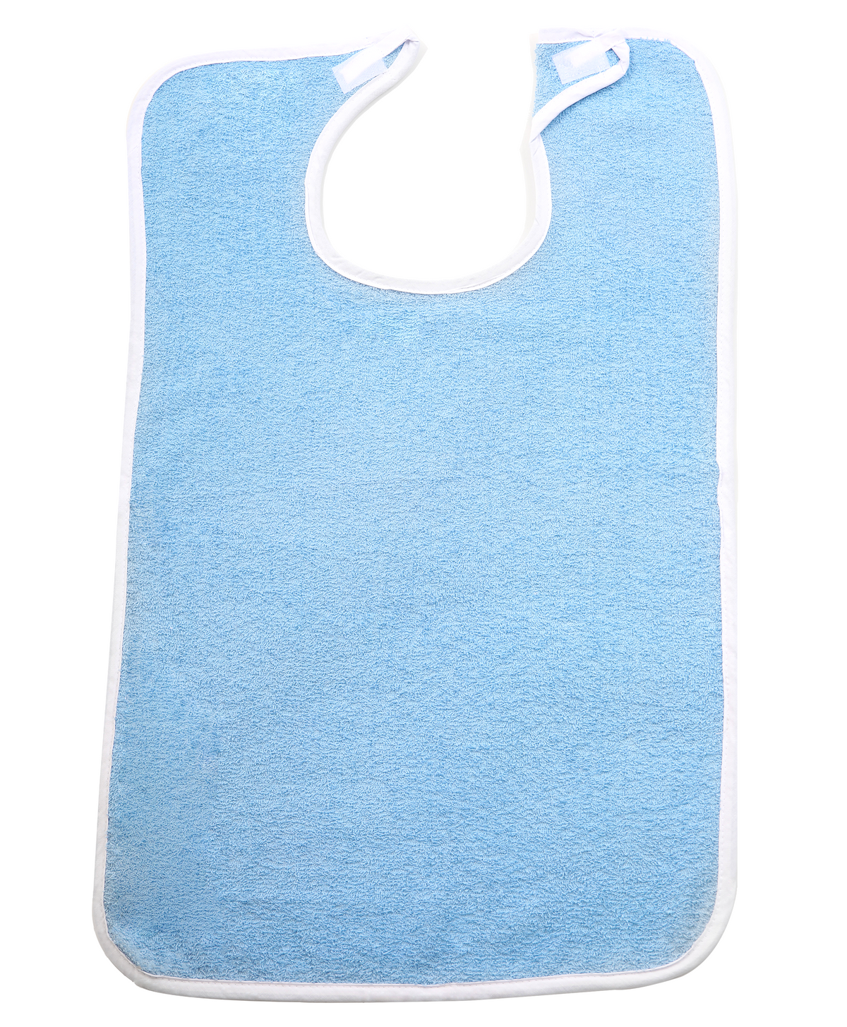 The KSE Adult Terry Bib / Clothing Protector features light blue terry cloth with white trim and a neck closure, shown flat on a white background—perfect for elderly care or anyone needing an adult terry bib.