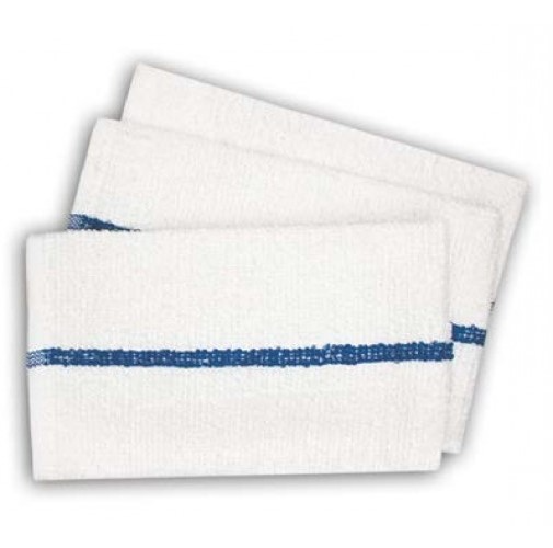 Three white KSE Bath Towels - Center Stripe Towels are stacked, each with a blue center stripe. Ideal for those seeking bulk or wholesale towels for efficient cleaning needs.