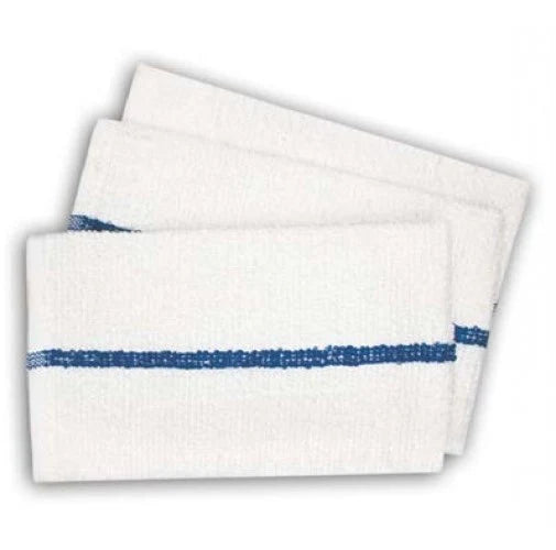 Three KSE Hand Towels - Center Stripe Towels are stacked, each white with a blue horizontal stripe, on a plain white background—perfect for commercial use.