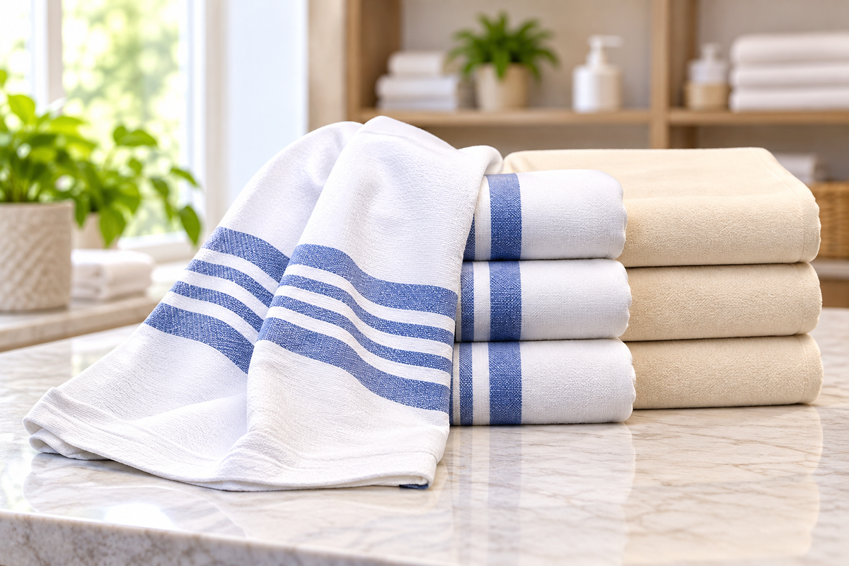 Four KSE Bath Blankets - Unbleached / White (86% Cotton / 14% Poly) and three striped towels sit folded on a marble countertop in a bright bathroom with plants and toiletries in the background.