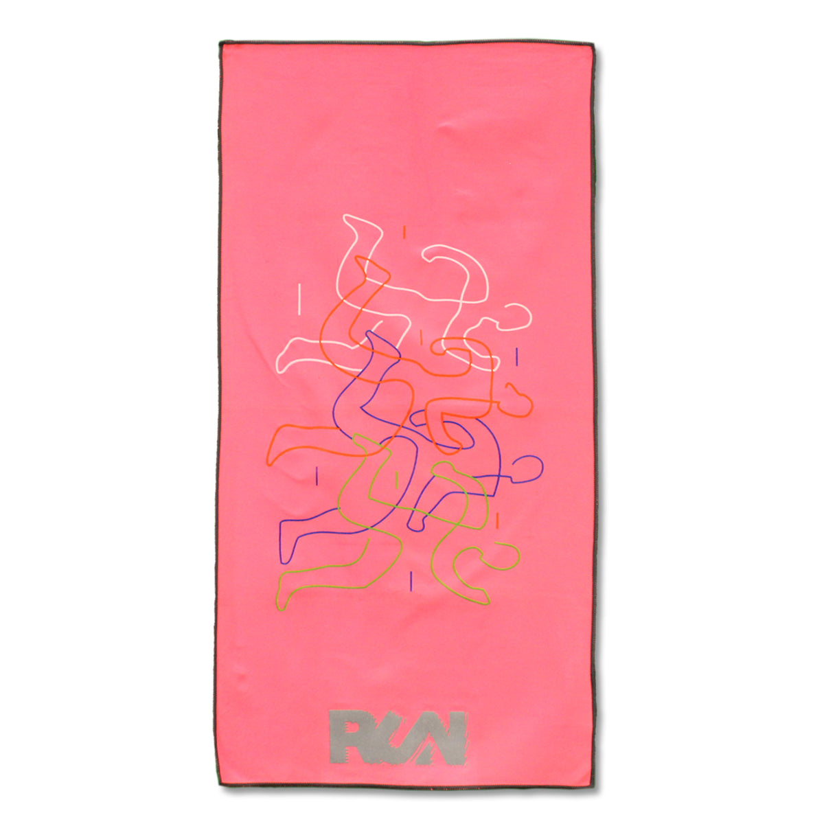 The Pro Towels Cooling Towel 32 inches features a rectangular pink design with abstract, colorful line drawings of runners and a silver RUN logo. Its reusable, breathable fabric offers instant relief during workouts.
