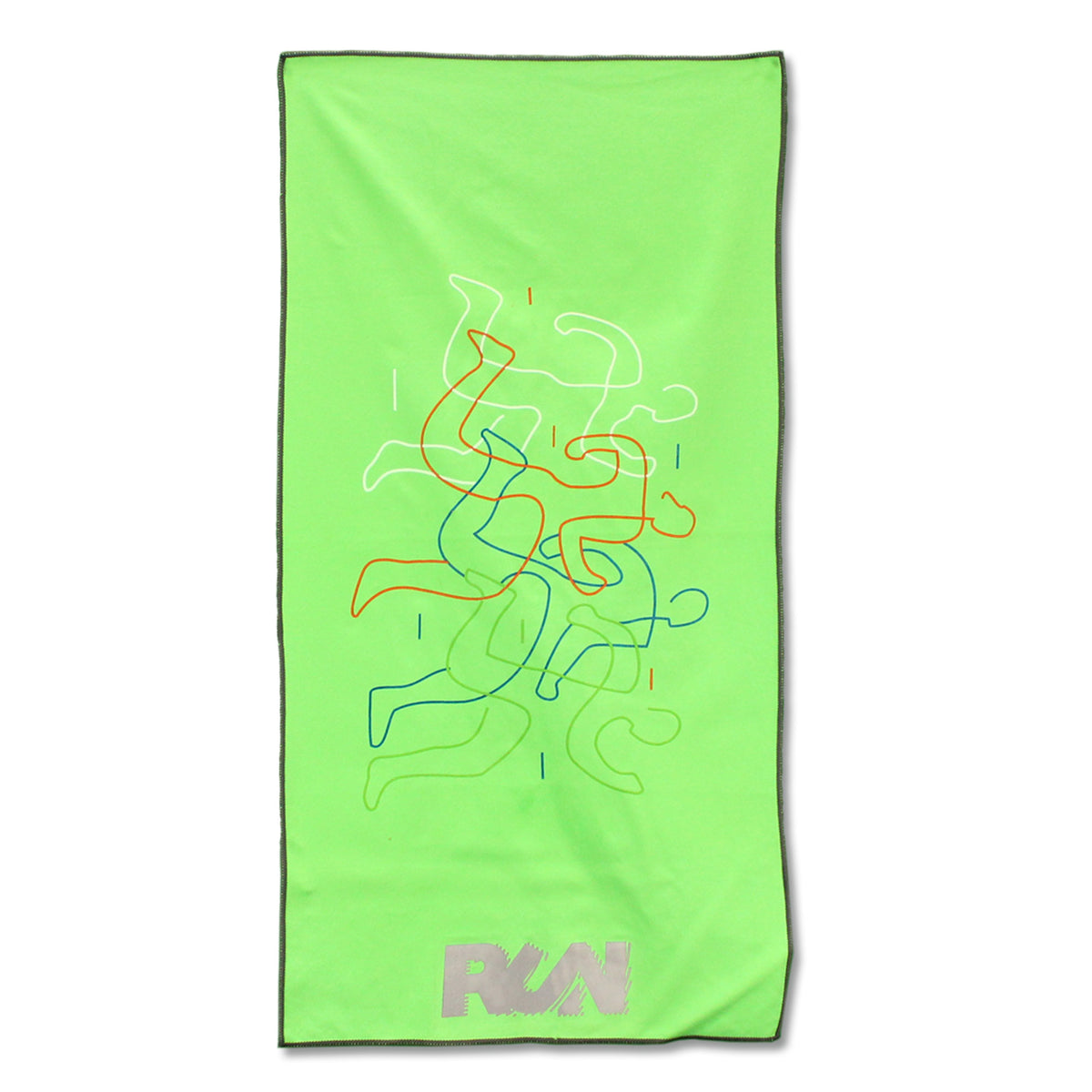 The Pro Towels Cooling Towel 32 inches features a bright green design with abstract red, blue, and white running figures, scattered vertical lines, breathable reusable fabric for instant relief, and a metallic gray RUN logo at the bottom.