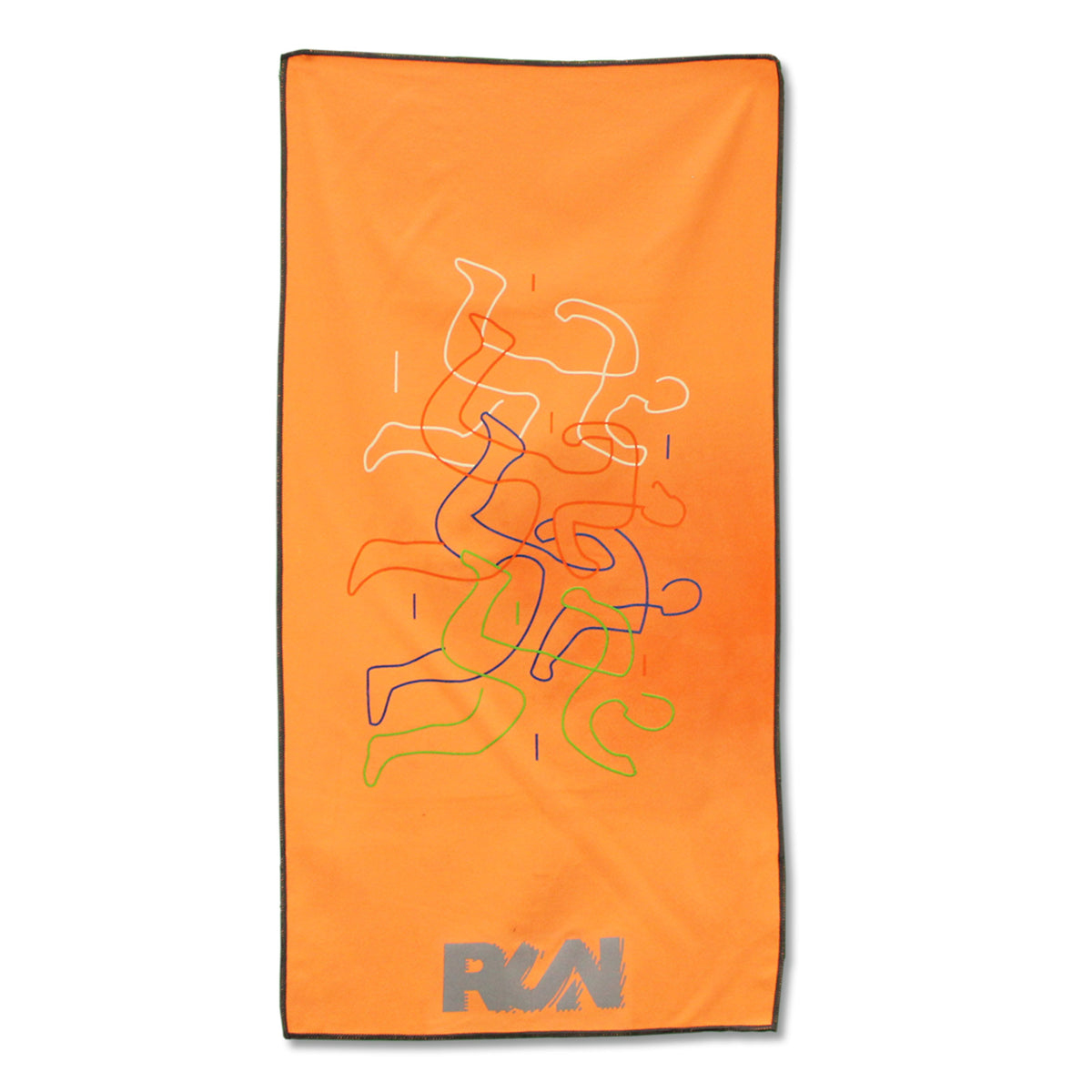 The Cooling Towel 32 inches by Pro Towels is an orange rectangular reusable towel featuring abstract multicolored human figure line drawings, short black and white lines, and a silver RAN logo. It’s breathable and provides instant relief.