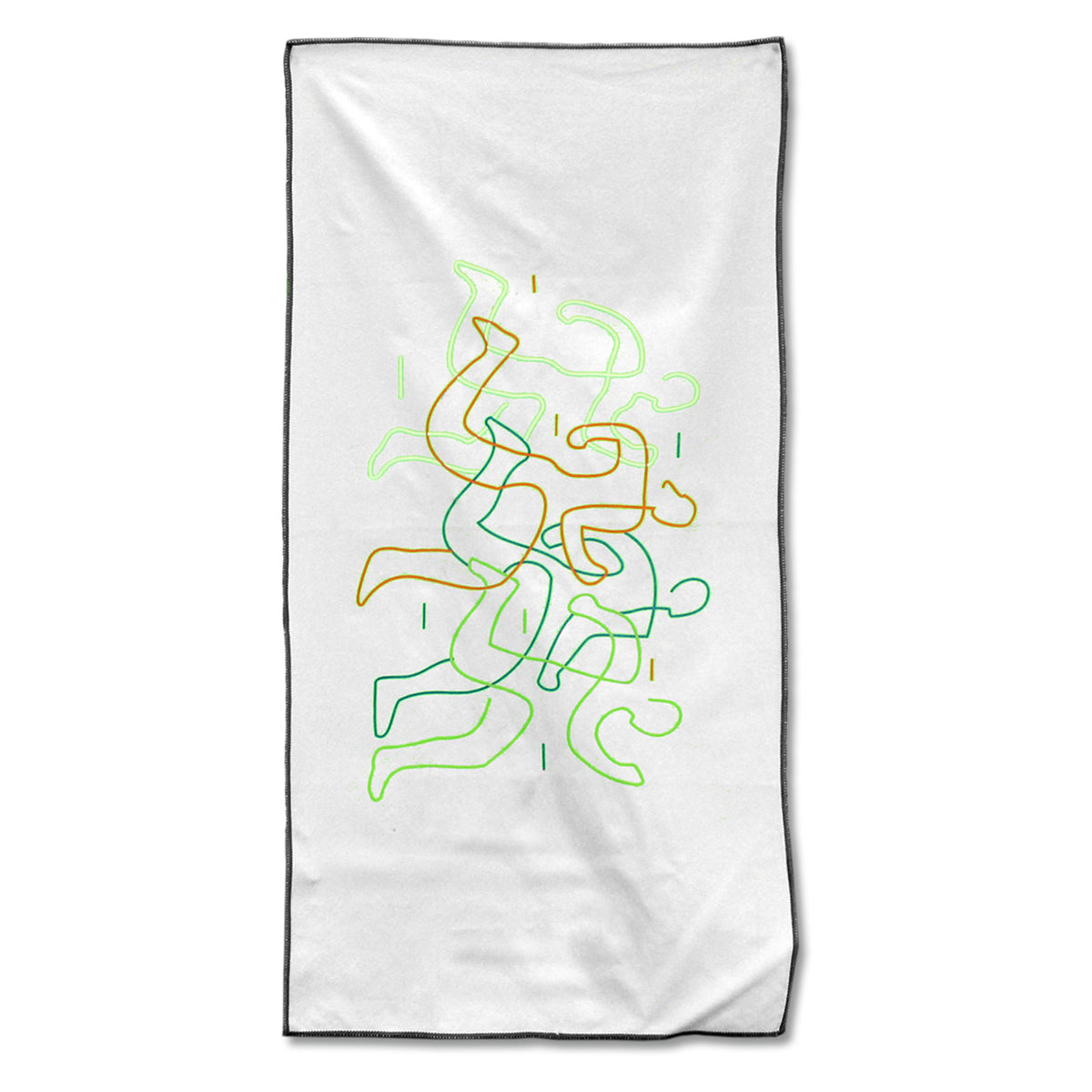 The Pro Towels Cooling Towel 30 inches is a white microfiber towel with an abstract line drawing of overlapping human figures in green, blue, and orange. The centered modern design adds style to this functional cooling accessory.