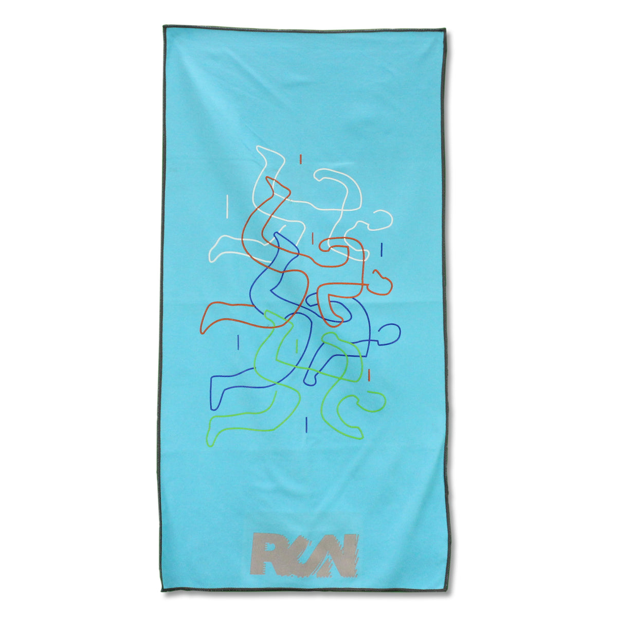 The Pro Towels Cooling Towel 32 inches is a light blue, rectangular towel with abstract, colorful running figures and bold gray "RUN" text. Made from reusable, breathable fabric for instant relief during workouts.