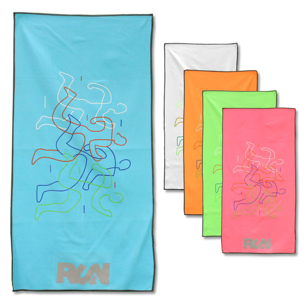 Four Pro Towels Cooling Towel 32 inches in blue, white, orange, and pink are shown. Each reusable breathable towel features an abstract line design with the “RVA” logo at the bottom. The blue towel is displayed fully in front of the others.