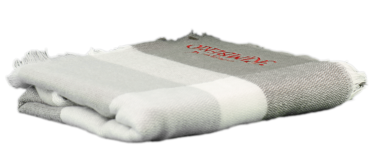 The Pro Towels Canyon Comfort Throw, a folded gray plaid blanket with fringed edges and red embroidery, rests on a plain white background, highlighting its cozy style.