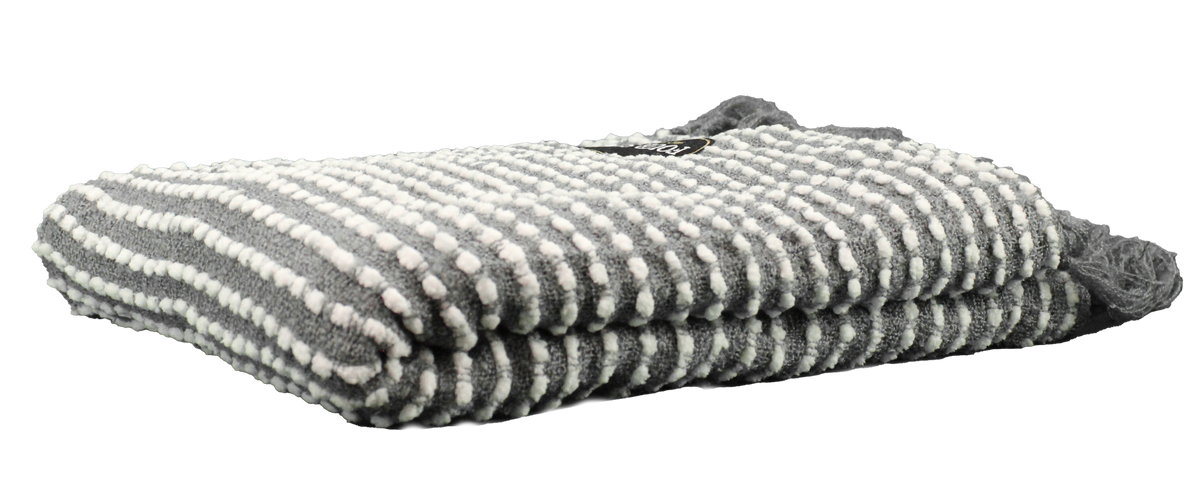 The Pro Towels Charleston Throw, featuring gray and white stripes with a soft, chunky knit texture, is folded and displayed against a white background.