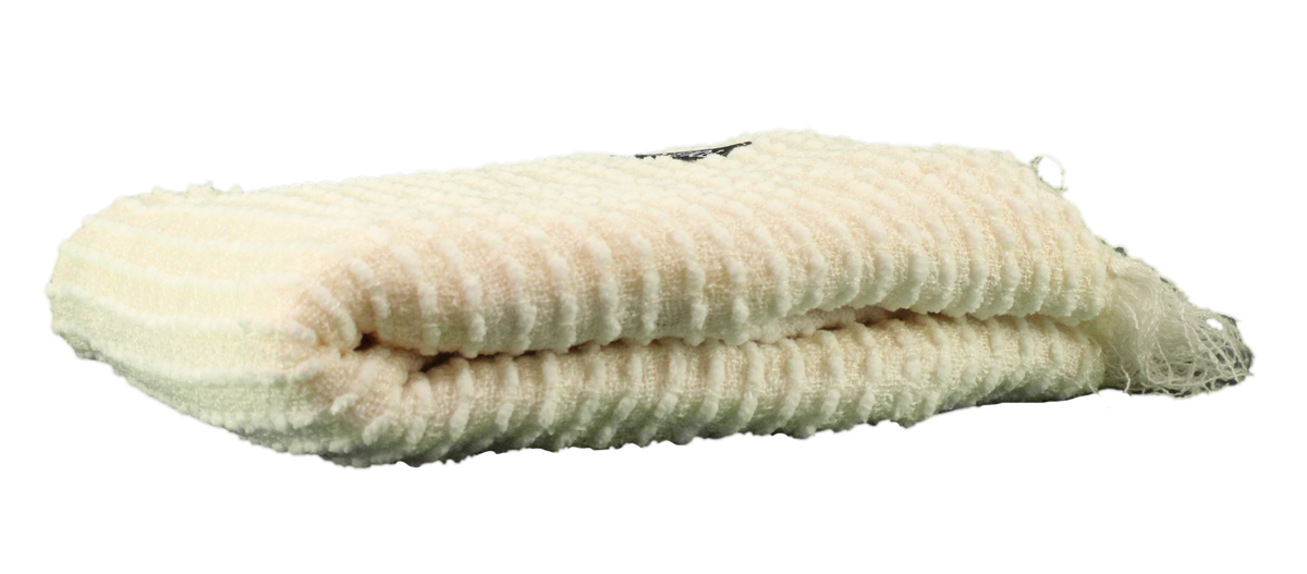A folded, off-white textured towel with ribbed patterns and slightly frayed edges, displayed on a white background—ideal for pairing with the Charleston Throw by Pro Towels or adding custom embroidery for a personalized look.