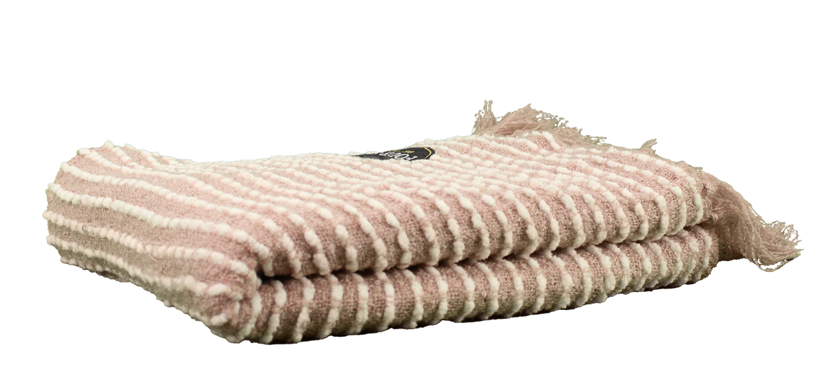 The Charleston Throw by Pro Towels is a folded, textured blanket with pink and white stripes and fringed edges—perfect for custom embroidery. Displayed on a white background, it offers premium comfort and style.