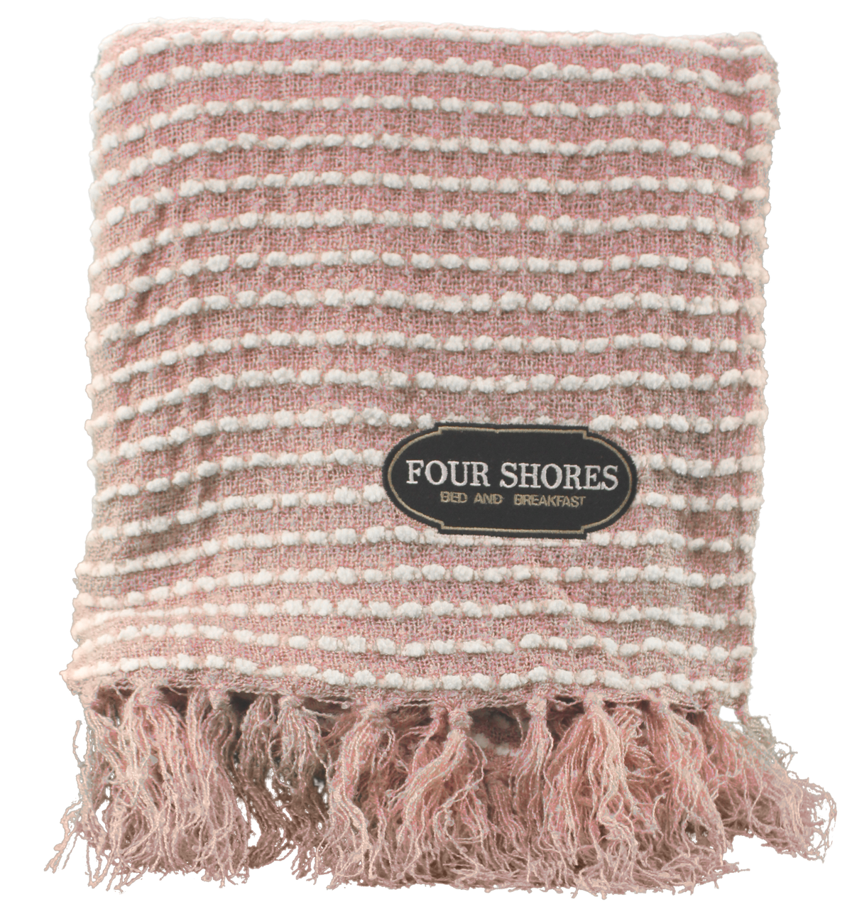A folded Charleston Throw by Pro Towels, pink and white striped with fringed edges and a black label, is perfect for custom embroidery.