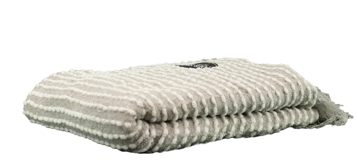 The Pro Towels Charleston Throw, featuring gray and white stripes with a textured finish and small tag, is displayed folded on a white background.