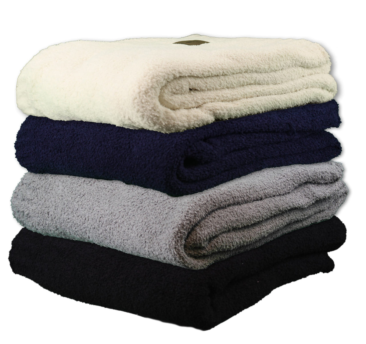 A stack of four Pro Towels Cloud Nine Soft Throw blankets in cream, navy blue, light gray, and black—ideal for wholesale or custom embroidery—neatly arranged on each other against a white background.