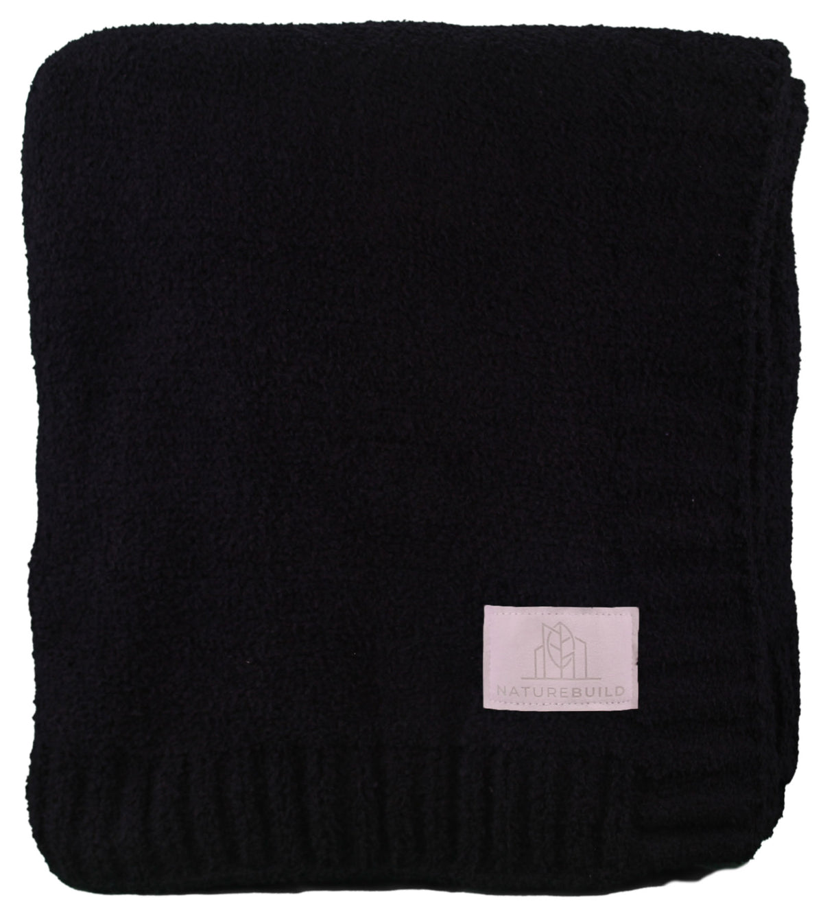 A neatly folded black Cloud Nine Soft Throw by Pro Towels features a small white label with the brand name and logo, perfect for custom embroidery or bulk wholesale orders.