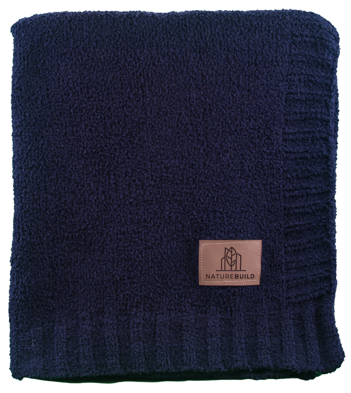 The Cloud Nine Soft Throw by Pro Towels is a neatly folded, dark blue plush microfiber blanket with a ribbed edge and a brown rectangular Naturebuild label sewn onto the corner.