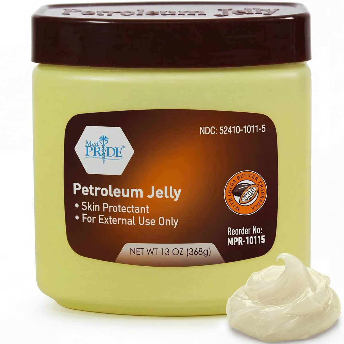 A 13 oz (368g) jar of Shield Line Petroleum Jelly, labeled as a skin protectant to moisturize dry skin, with a small dollop displayed in front.