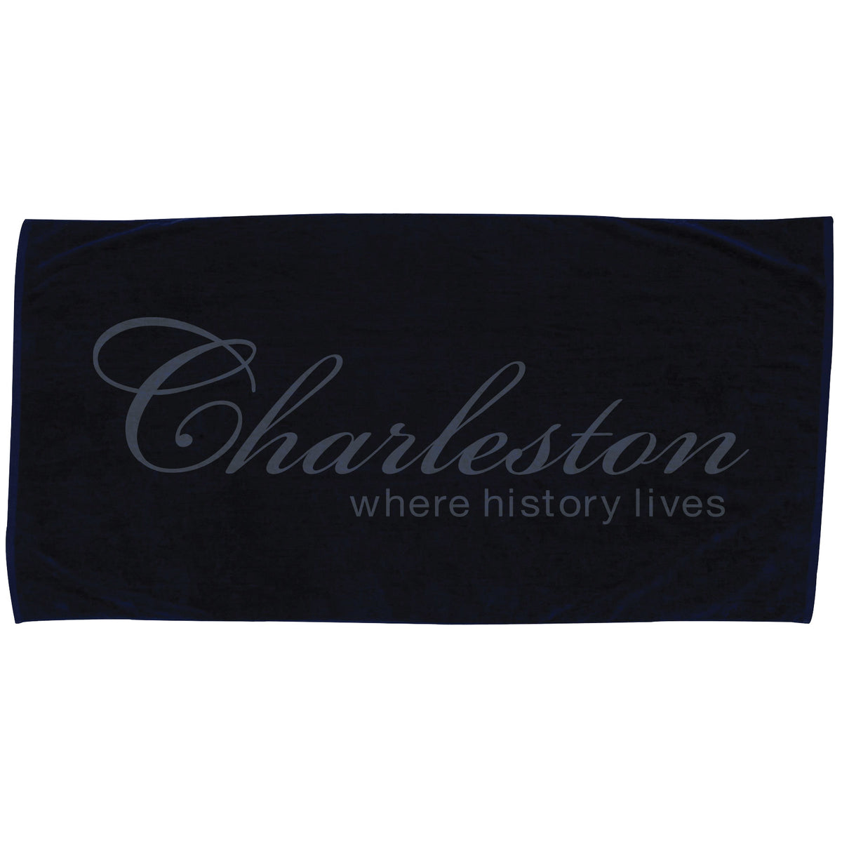 The Colored Beach Towel - Platinum Collection by Pro Towels features elegant Charleston script with "where history lives" below—ideal for custom embroidery or as wholesale beach towels.