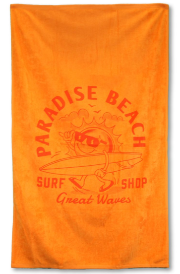 The Pro Towels Colored Beach Towel - Diamond Collection features a bright orange design with a cartoon sun holding a surfboard and “Paradise Beach Surf Shop Great Waves” text—ideal for wholesale or custom embroidery.