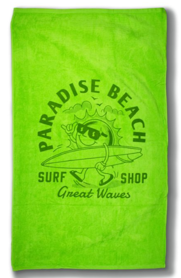 The Pro Towels Colored Beach Towel - Diamond Collection is a bright green towel featuring a cartoon sun with sunglasses and surfboard plus "Paradise Beach Surf Shop Great Waves" text—an ideal, fun promo item for summer events.